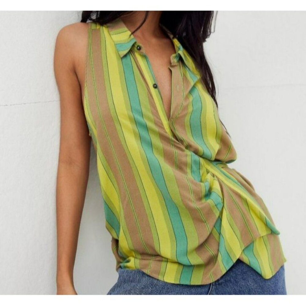 Free People Striped Sleeveless Button-Down Tie-Front Blouse Top S Green & Yellow - Picture 5 of 12